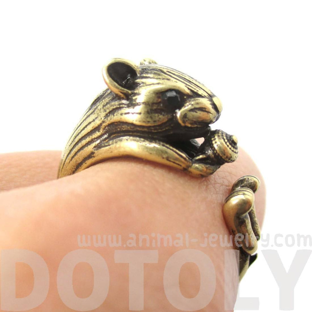 Realistic Hamster Gerbil With Walnut Animal Wrap Ring in Brass | US Size 6 to 9 | DOTOLY