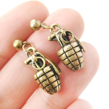 Realistic Hand Grenade Bomb Ammo Shaped Dangle Drop Stud Earrings in Brass | DOTOLY