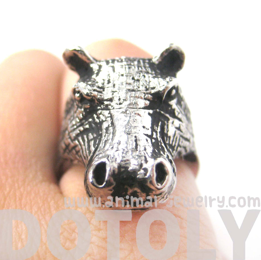 Realistic Hippo hippopotamus Shaped Animal Ring in Silver | US Size 7 and 8 | DOTOLY