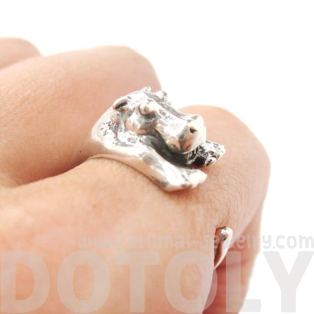 Realistic Hippo Shaped Animal Wrap Around Ring in 925 Sterling Silver | US Sizes 4 to 8.5 | DOTOLY