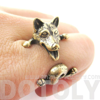 Realistic Husky Puppy Shaped Animal Wrap Ring in Brass | Sizes 6 to 9 | DOTOLY