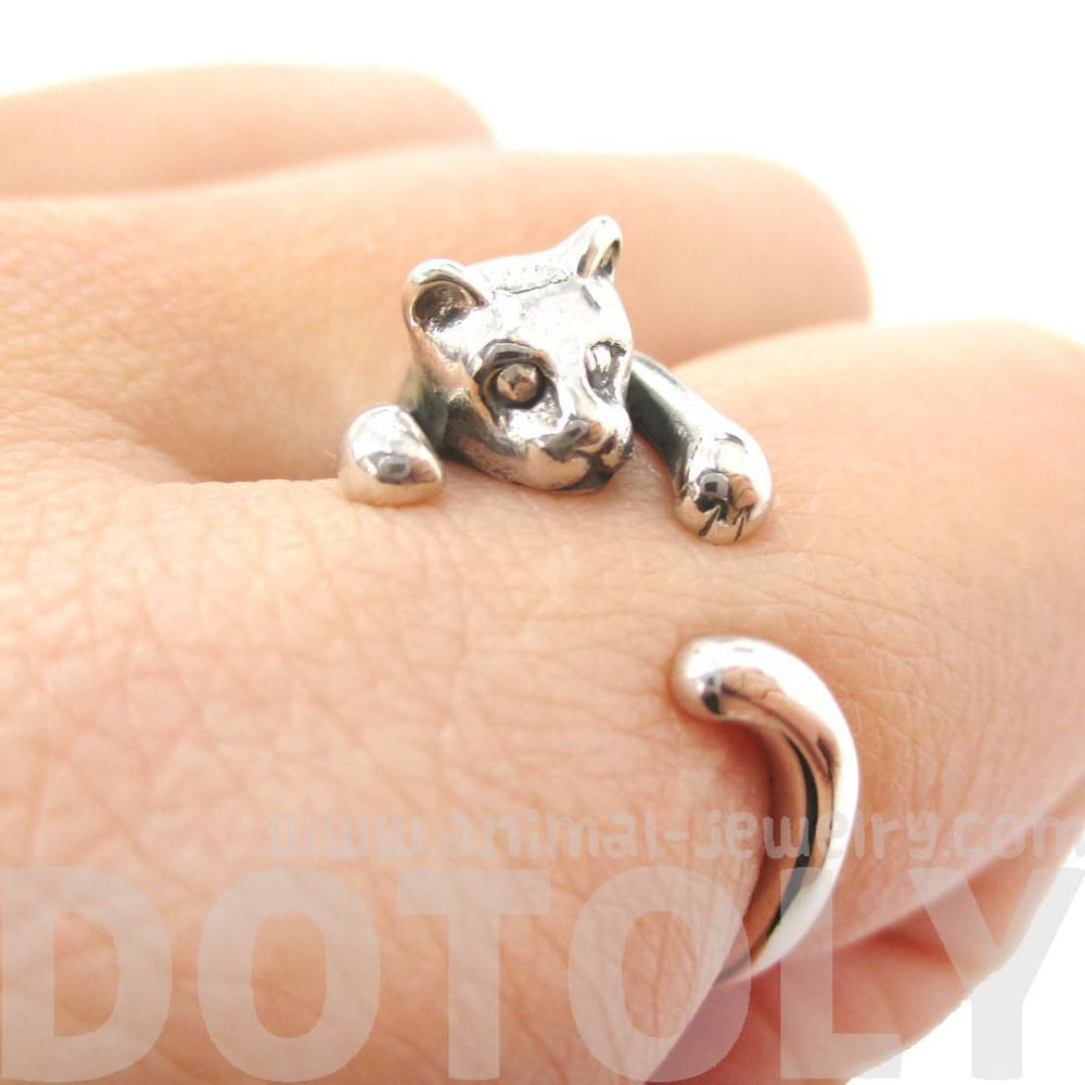 Realistic Kitty Cat Shaped Animal Wrap Around Ring in 925 Sterling Silver | US Sizes 3 to 8 | DOTOLY