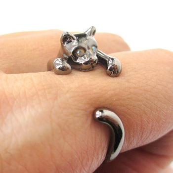 Realistic Kitty Cat Shaped Animal Wrap Around Ring in Gunmetal Silver | US Size 3 to Size 8.5 | DOTOLY