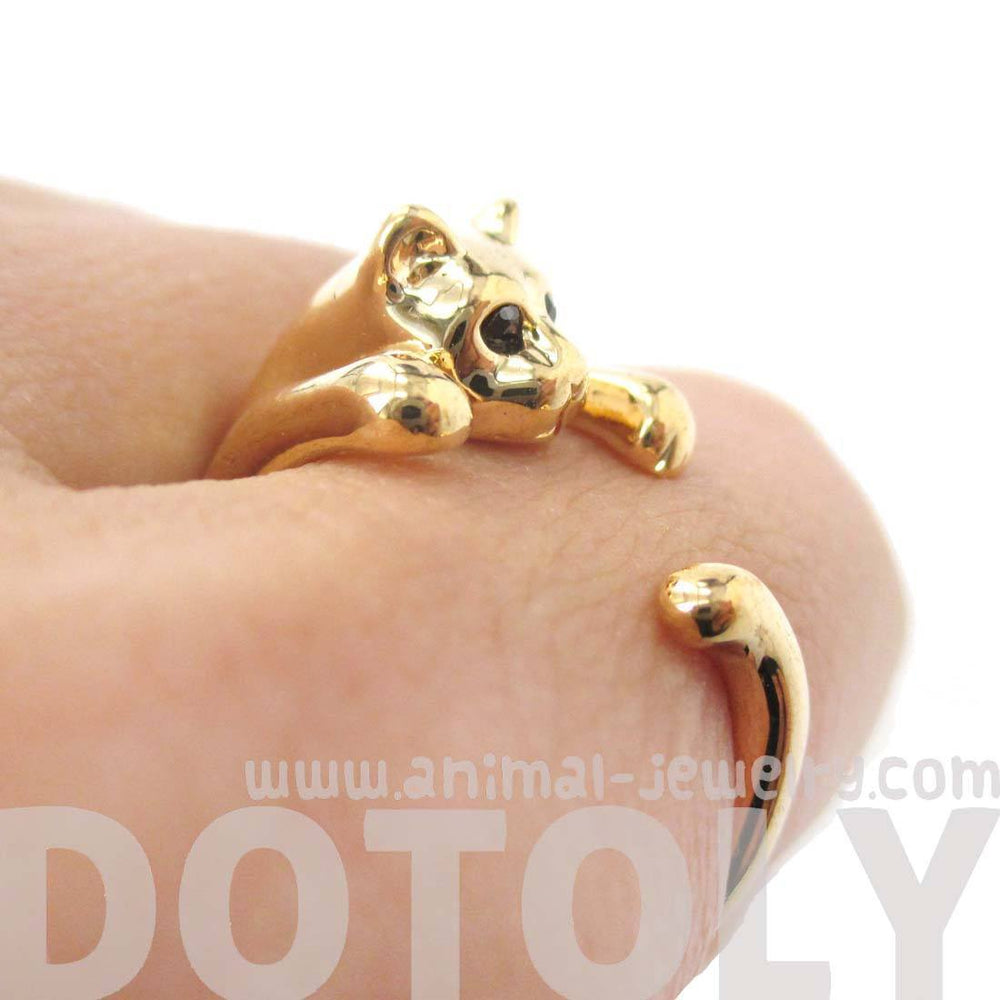 Realistic Kitty Cat Shaped Animal Wrap Around Ring in Shiny Gold | US Size 3 to Size 8.5 | DOTOLY