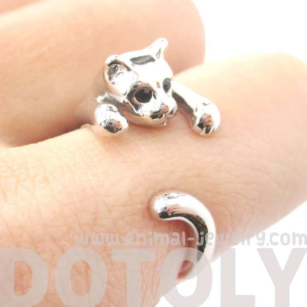 Realistic Kitty Cat Shaped Animal Wrap Around Ring in Shiny Silver | US Size 3 to Size 8.5 | DOTOLY