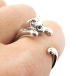 Realistic Kitty Cat Shaped Animal Wrap Around Ring in Shiny Silver | US Size 3 to Size 8.5 | DOTOLY