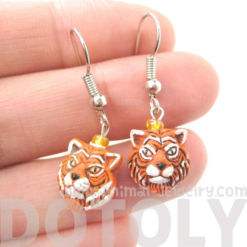 Realistic Tiger Head Shaped Porcelain Ceramic Animal Dangle Earrings