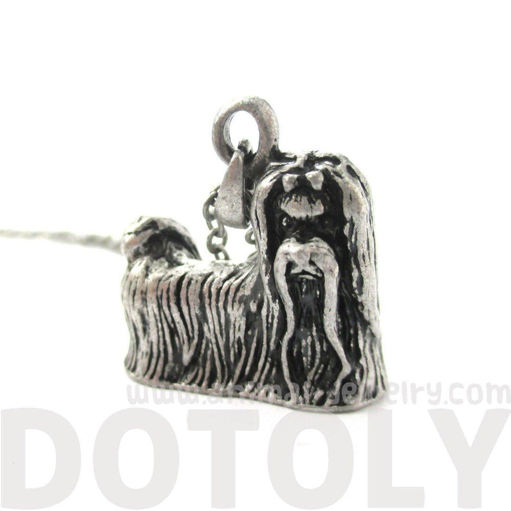 Realistic Long Haired Maltese Puppy Dog Shaped Necklace in Shiny Silver | DOTOLY