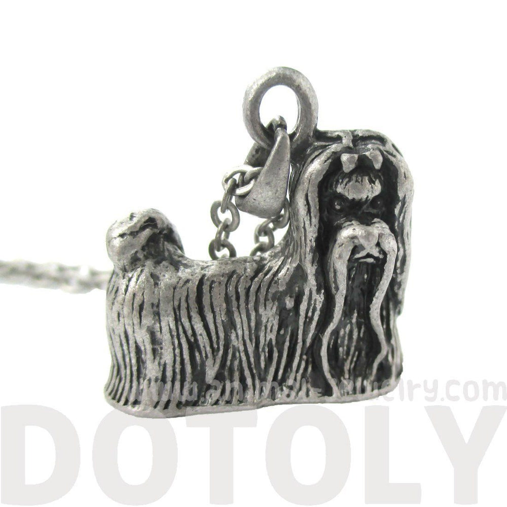 Realistic Long Haired Maltese Puppy Dog Shaped Pendant Necklace in Silver | DOTOLY