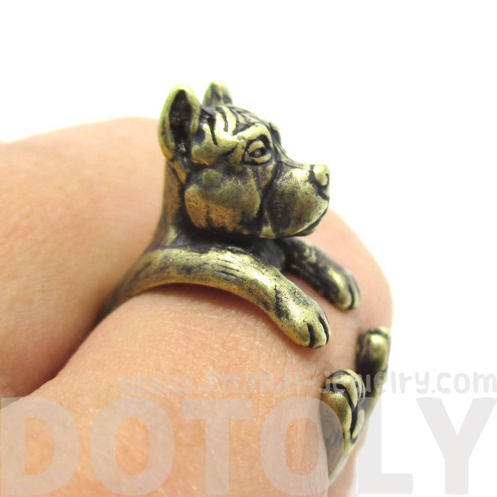 Realistic Pit Bull With Cropped Ears Shaped Animal Wrap Ring in Brass | Sizes 5 to 9 | DOTOLY