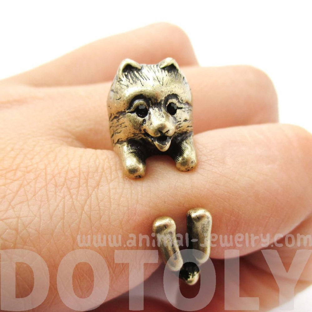 Realistic Pomeranian Pom Puppy Dog Shaped Animal Wrap Around Ring in Brass | US Sizes 4 to 8.5 | DOTOLY