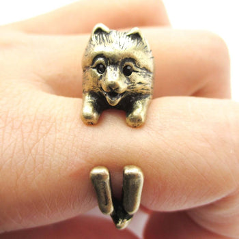 Realistic Pomeranian Pom Puppy Dog Shaped Animal Wrap Around Ring in Brass | US Sizes 4 to 8.5 | DOTOLY