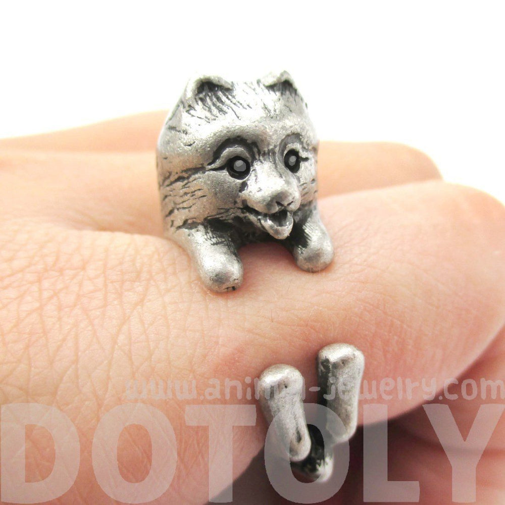 Realistic Pomeranian Pom Puppy Dog Shaped Animal Wrap Ring in Silver