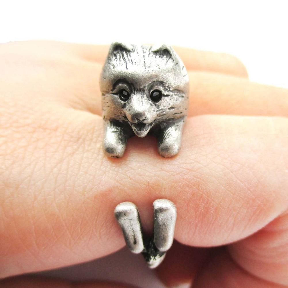 Realistic Pomeranian Pom Puppy Dog Shaped Animal Wrap Ring in Silver