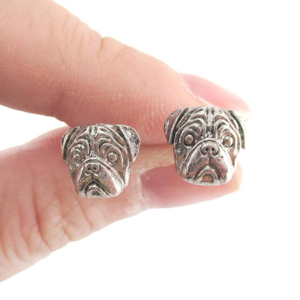 3D Pug Puppy Dog Face Shaped Stud Earrings in Silver