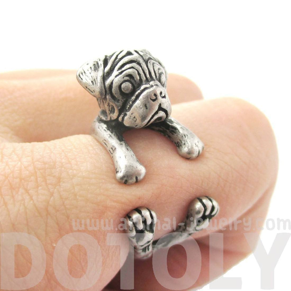 Pug Puppy Dog Shaped Animal Wrap Ring in Silver | DOTOLY