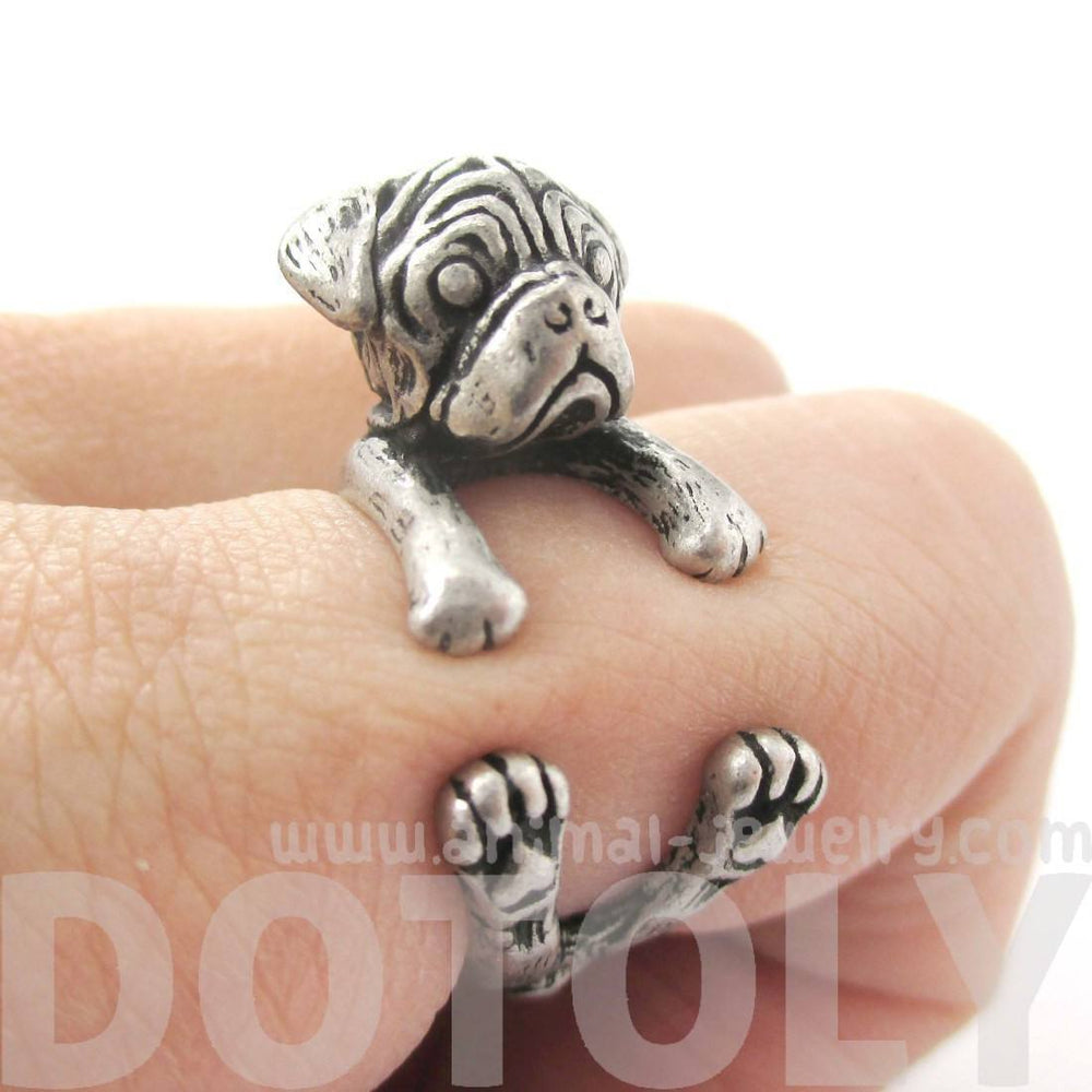 Pug Puppy Dog Shaped Animal Wrap Ring in Silver | DOTOLY