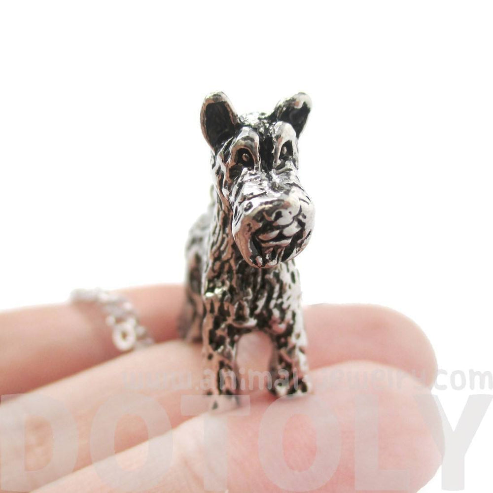 Realistic Schnauzer Dog Shaped Animal Pendant Necklace in Shiny Silver