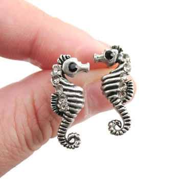 Realistic Seahorse Shaped Rhinestone Earrings in Silver