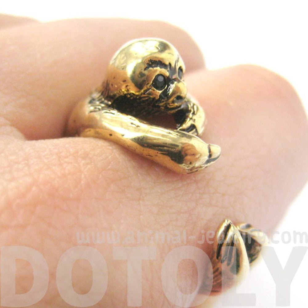 Realistic Sloth Shaped Animal Wrap Around Hug Ring in Shiny Gold