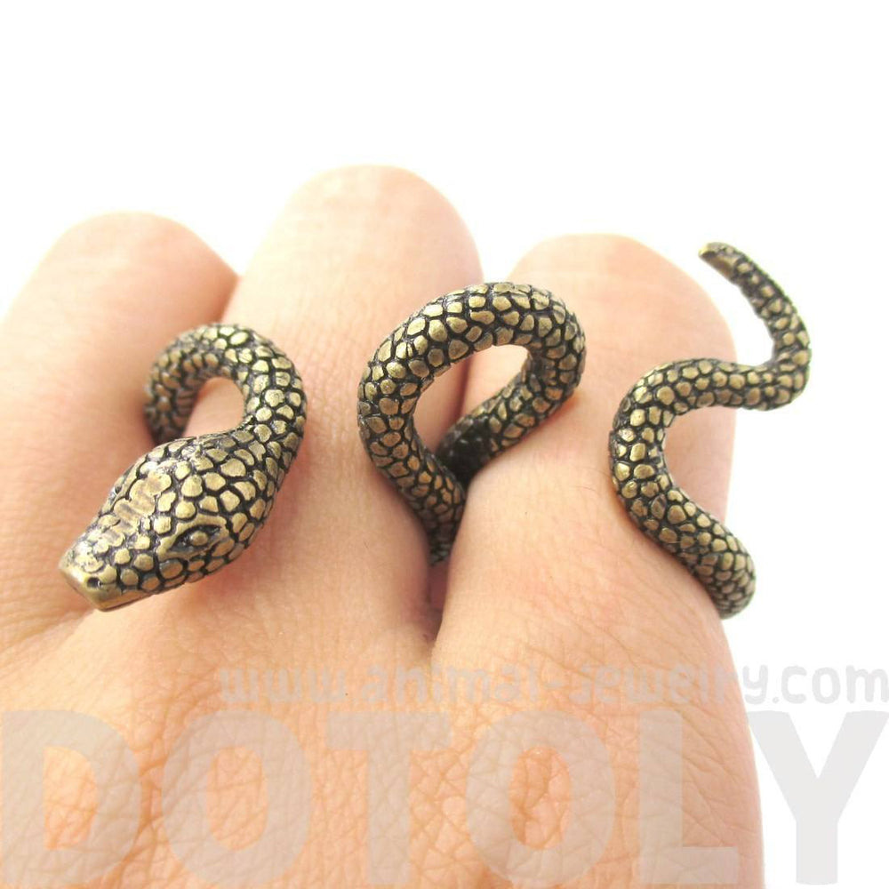 Realistic Snake Shaped Double Duo Finger Adjustable Ring in Brass