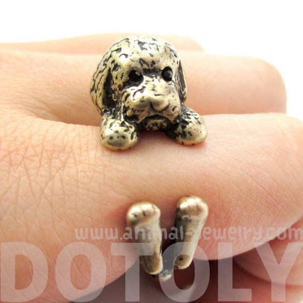 Realistic Toy Poodle Puppy Dog Shape Animal Wrap Around Ring in Brass DOTOLY