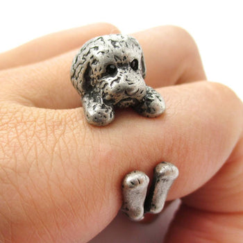 Realistic Toy Poodle Puppy Dog Shape Animal Wrap Around Ring in Silver