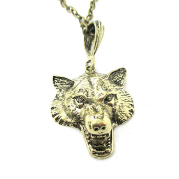 Realistic Wolf Face Shaped Animal Pendant Necklace in Brass | DOTOLY