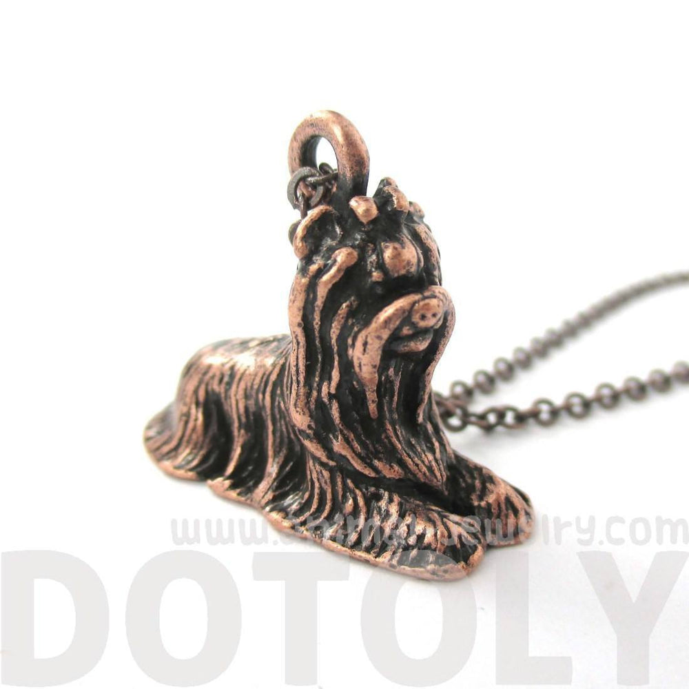 Realistic Yorkshire Terrier Puppy Dog Shape Pendant Necklace in Copper