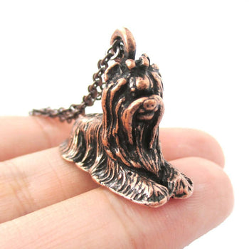 Realistic Yorkshire Terrier Puppy Dog Shape Pendant Necklace in Copper
