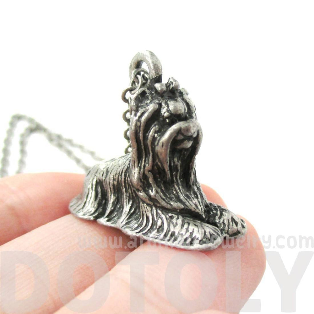 Yorkshire Terrier Puppy Dog Shaped Animal Pendant Necklace in Silver