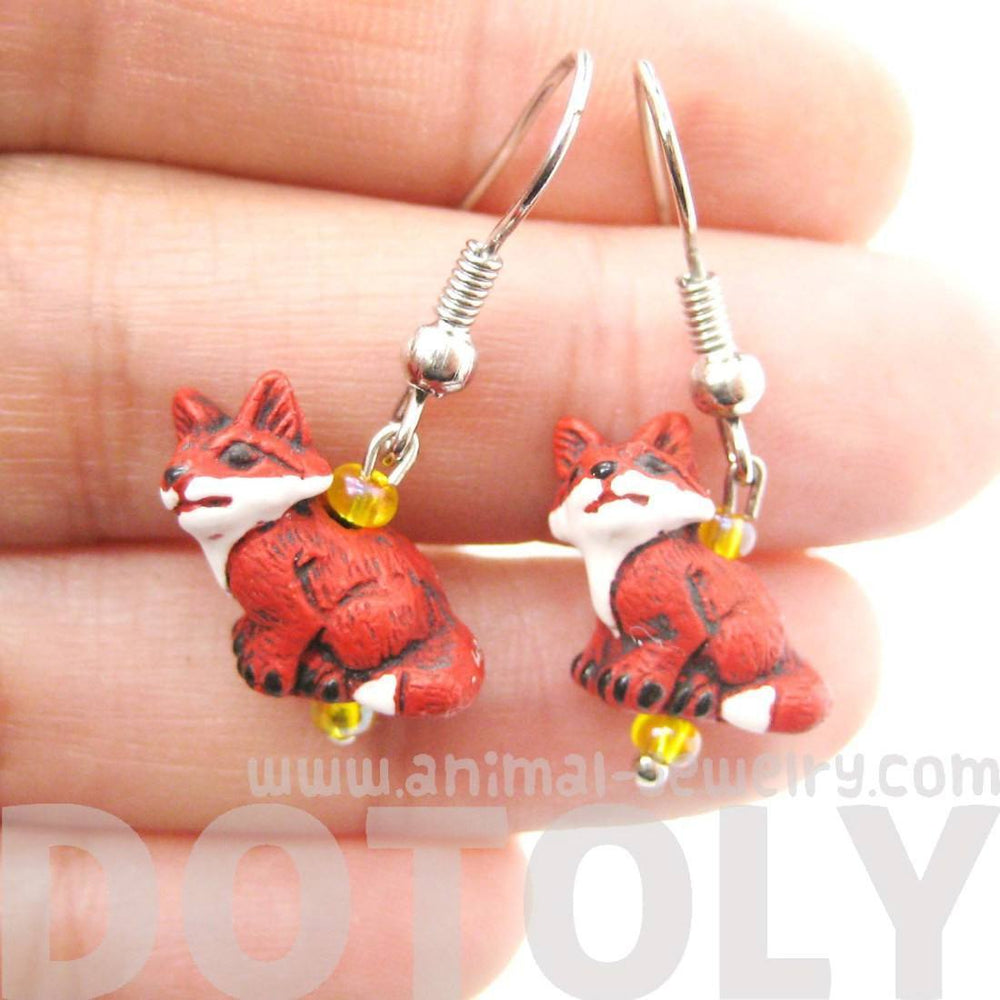 Tiny Fox Shaped Porcelain Ceramic Animal Dangle Earrings | Handmade
