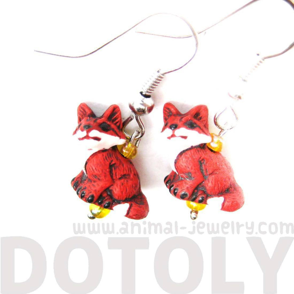 Tiny Fox Shaped Porcelain Ceramic Animal Dangle Earrings | Handmade