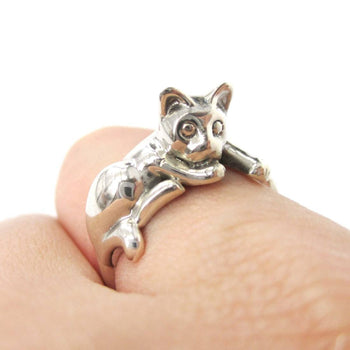 Relaxing Kitty Cat Shaped Animal Wrap Around Ring in 925 Sterling Silver | US Sizes 5 to 8.5 | DOTOLY