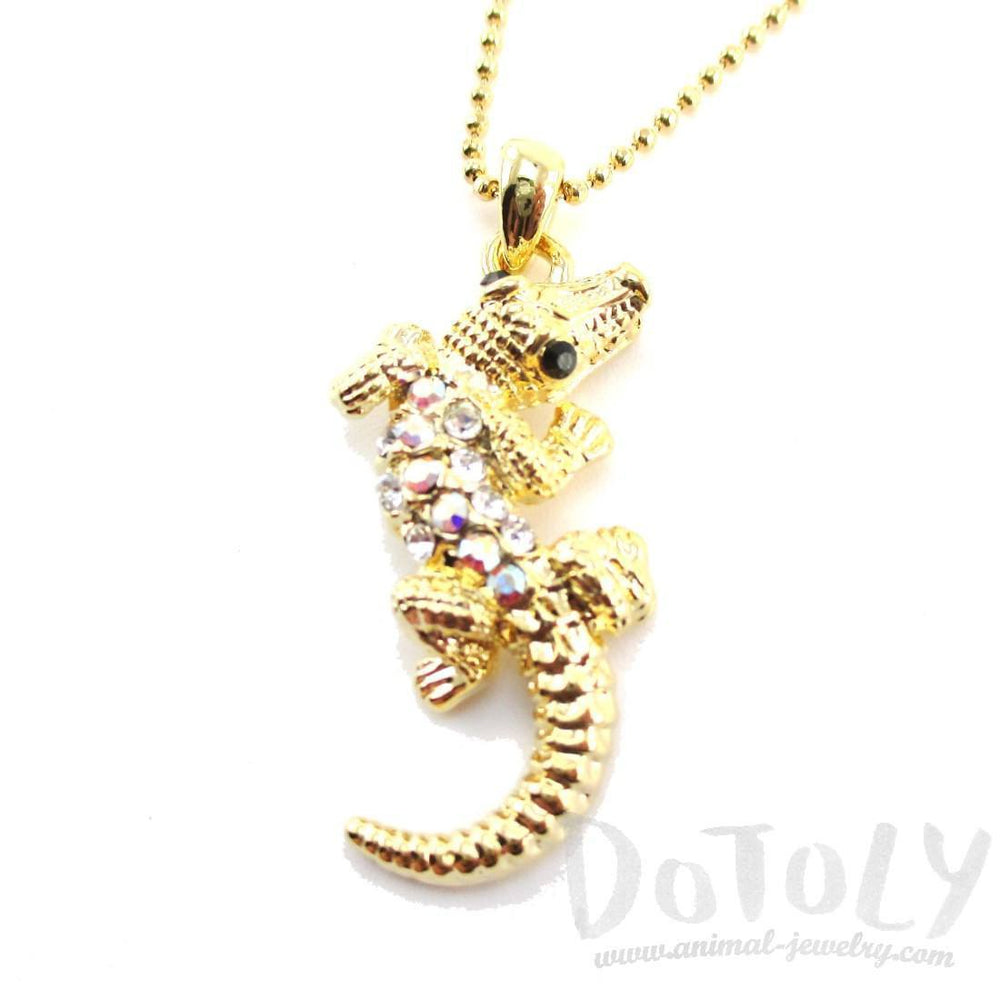 Rhinestone Crocodile Shaped Alligator Pendant Necklace in Gold | DOTOLY | DOTOLY