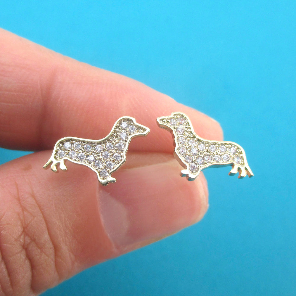 Rhinestone Dachshund Puppy Wiener Dog Shaped Silhouette Stud Earrings