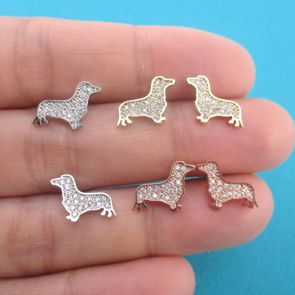 Rhinestone Dachshund Puppy Wiener Dog Shaped Silhouette Stud Earrings