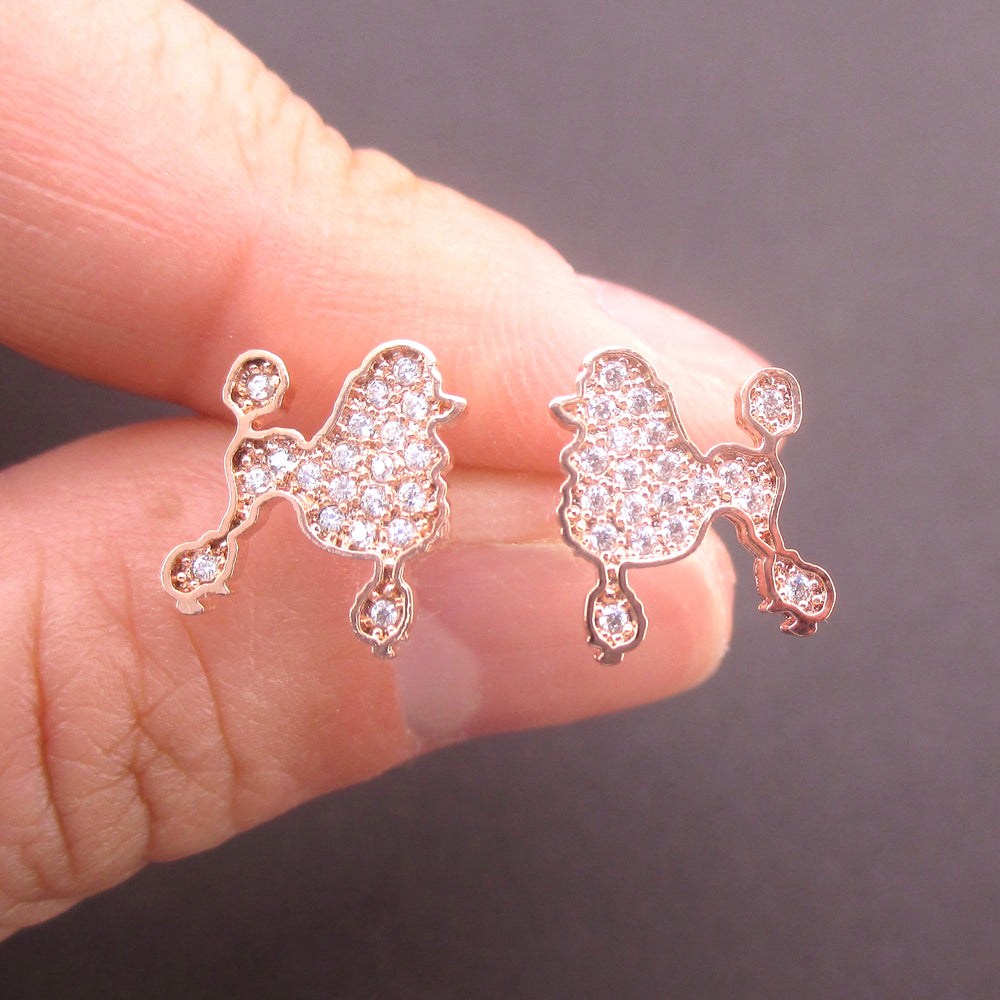 Rhinestone French Poodle Puppy Shaped Silhouette Stud Earrings