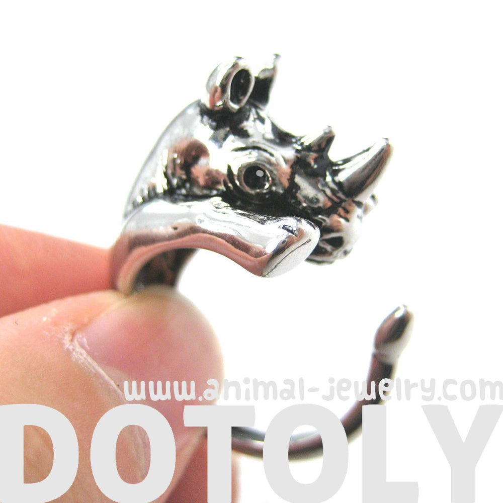 Rhino Rhinoceros Animal Wrap Around Ring in Shiny Silver | Size 5 to 10 | DOTOLY