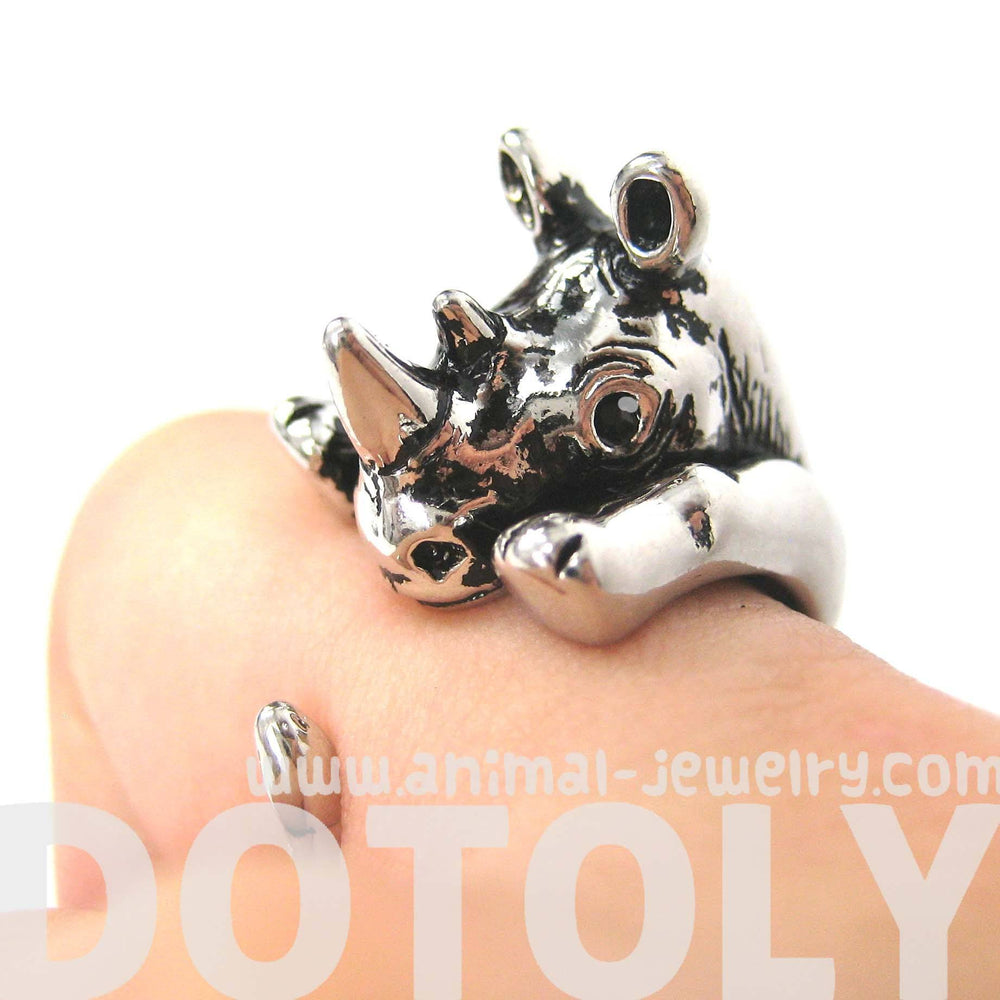 Rhino Rhinoceros Animal Wrap Around Ring in Shiny Silver | Size 5 to 10 | DOTOLY