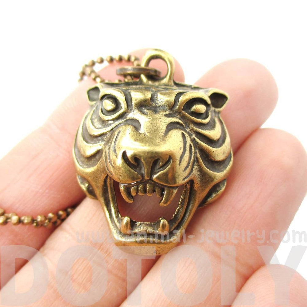Roaring Tiger Face Shaped Animal Inspired Pendant Necklace in Brass | DOTOLY | DOTOLY