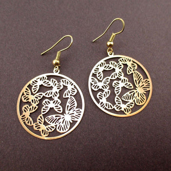 Round Butterfly Pattern Filigree Cut Out Shaped Dangle Earrings in Gold | DOTOLY | DOTOLY