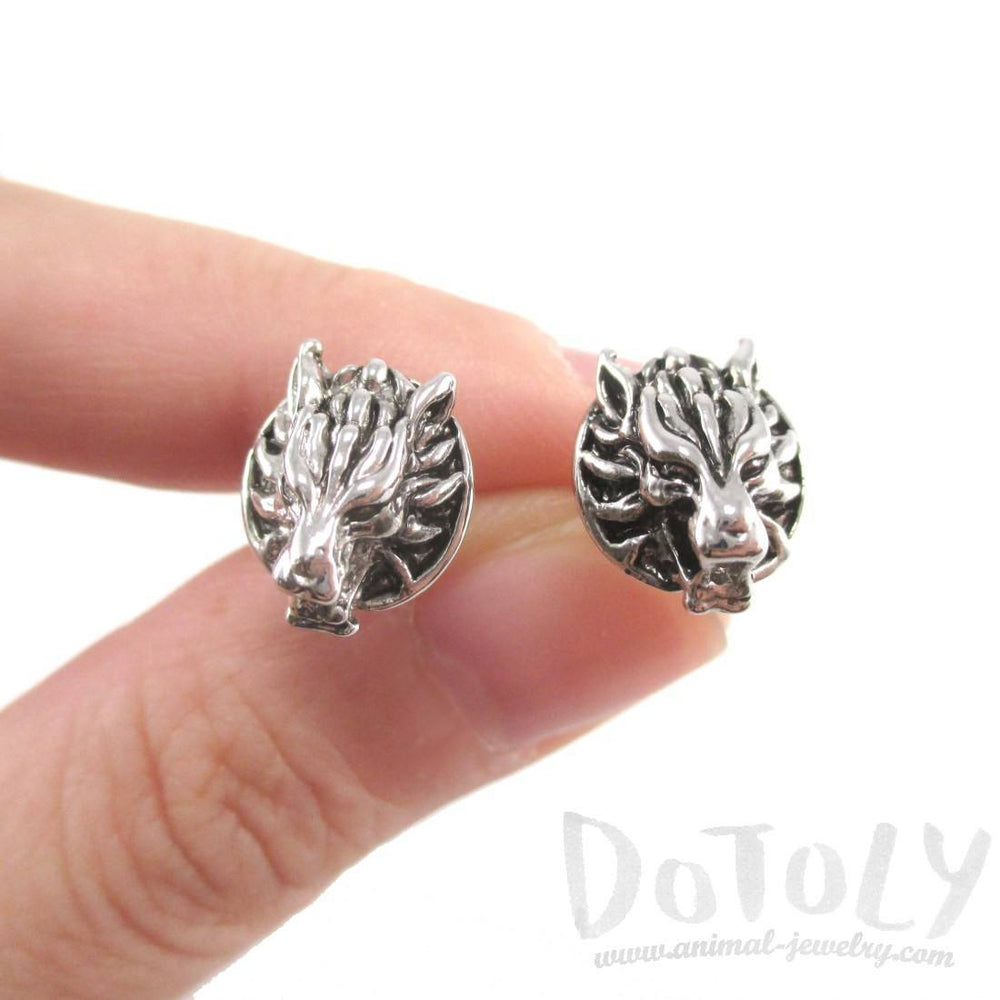 Round Dragon Face Animal Themed Stud Earrings in Silver | DOTOLY | DOTOLY