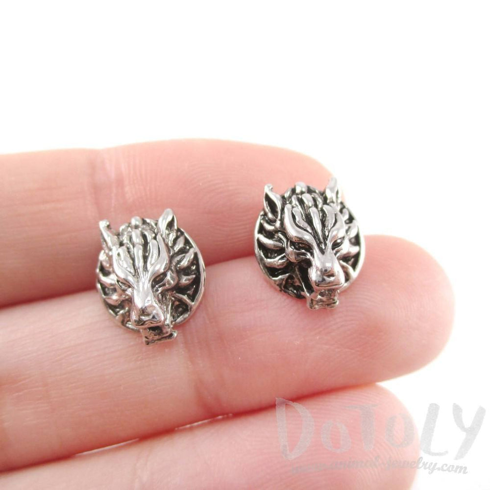 Round Dragon Face Animal Themed Stud Earrings in Silver | DOTOLY | DOTOLY