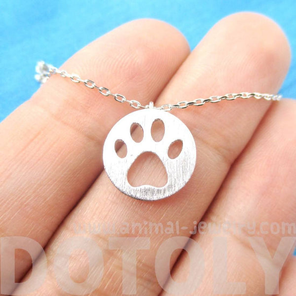 Round Puppy Paw Print Cut Out Shaped Pendant Necklace in Silver DOTOLY