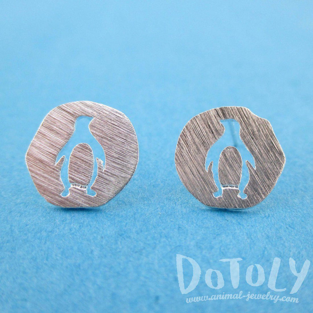 Round Silver Stud Earrings with Penguin Silhouette Cut Out in Silver | Allergy Free | DOTOLY