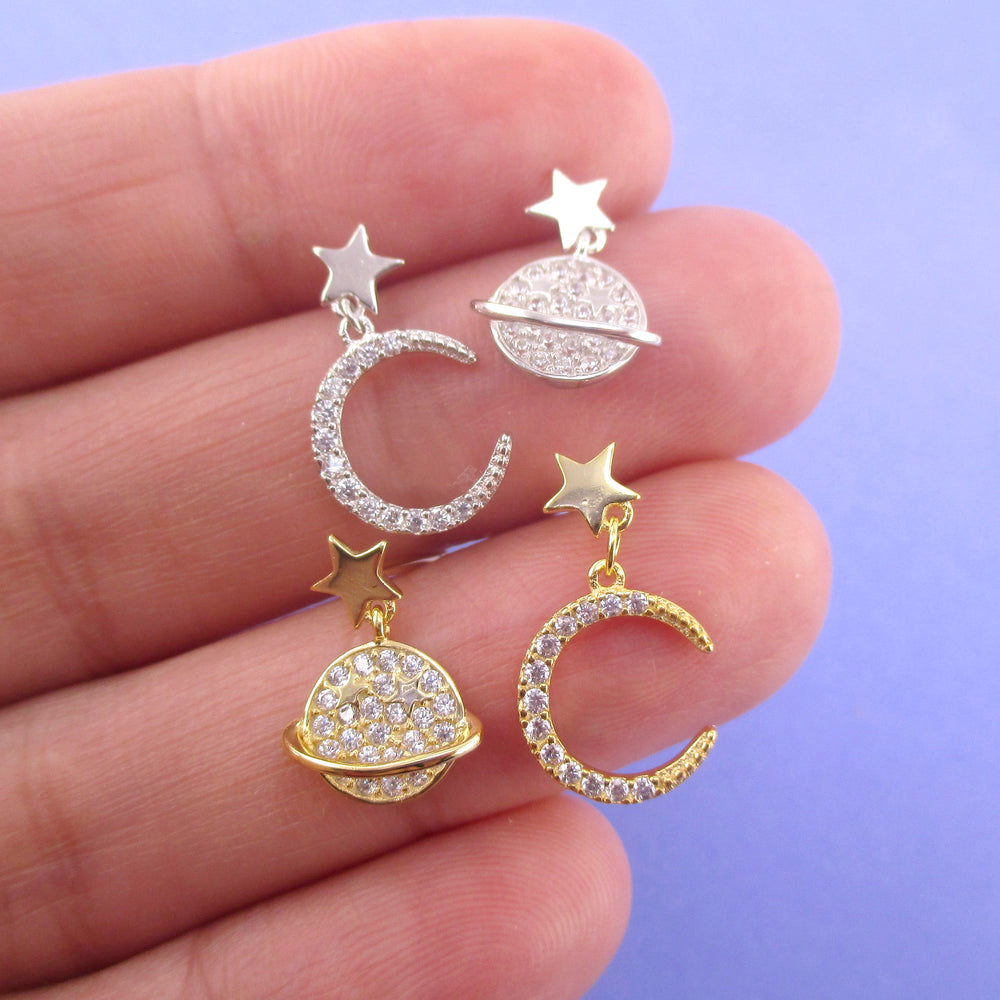 Saturn Moon and Stars Sterling Silver Rhinestone Drop Stud Earrings