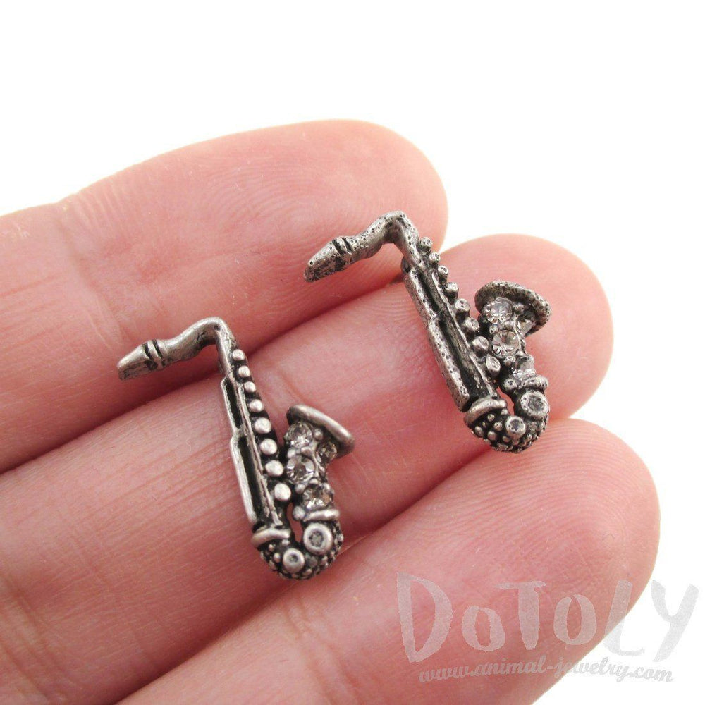 Saxophone Shaped Rhinestone Stud Earrings in Silver | Music Themed Jewelry | DOTOLY