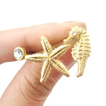 Seahorse Starfish and Rhinestone Shaped Allergy Free Stud Earrings in Gold | Animal Jewelry | DOTOLY
