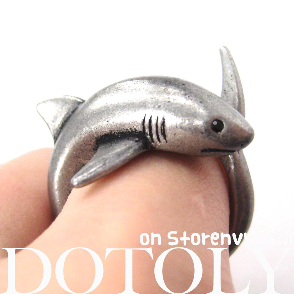 Shark Sea Animal Wrap Around Realistic Ring in Silver - Size 5 to 10 | DOTOLY